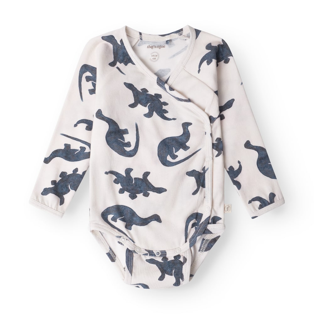 That's Mine Elimar wrap bodystocking - Mono dino - 48% Organic cotton / 47% Modal / 5% Elastane Buy Bodystockings||Undertøj||Favoritter||personale||Basics til de små||NOOS here.