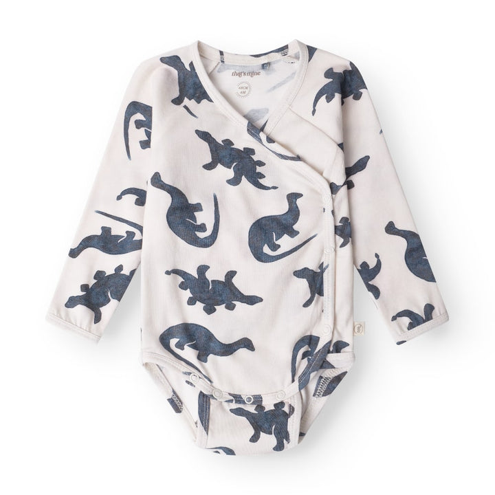 That's Mine Elimar wrap bodystocking - Mono dino - 48% Organic cotton / 47% Modal / 5% Elastane Buy Bodystockings||Undertøj||Favoritter||personale||Basics til de små||NOOS here.