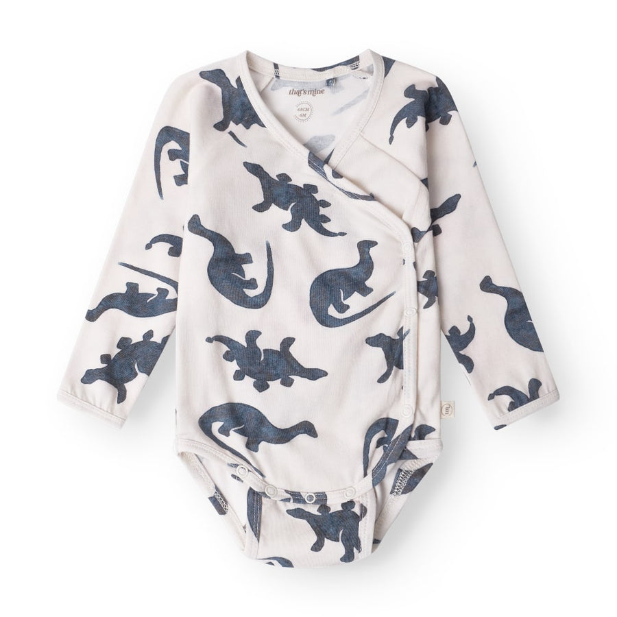 That's Mine Elimar wrap bodystocking - Mono dino - 48% Organic cotton / 47% Modal / 5% Elastane Buy Bodystockings||Undertøj||Favoritter||personale||Basics til de små||NOOS here.