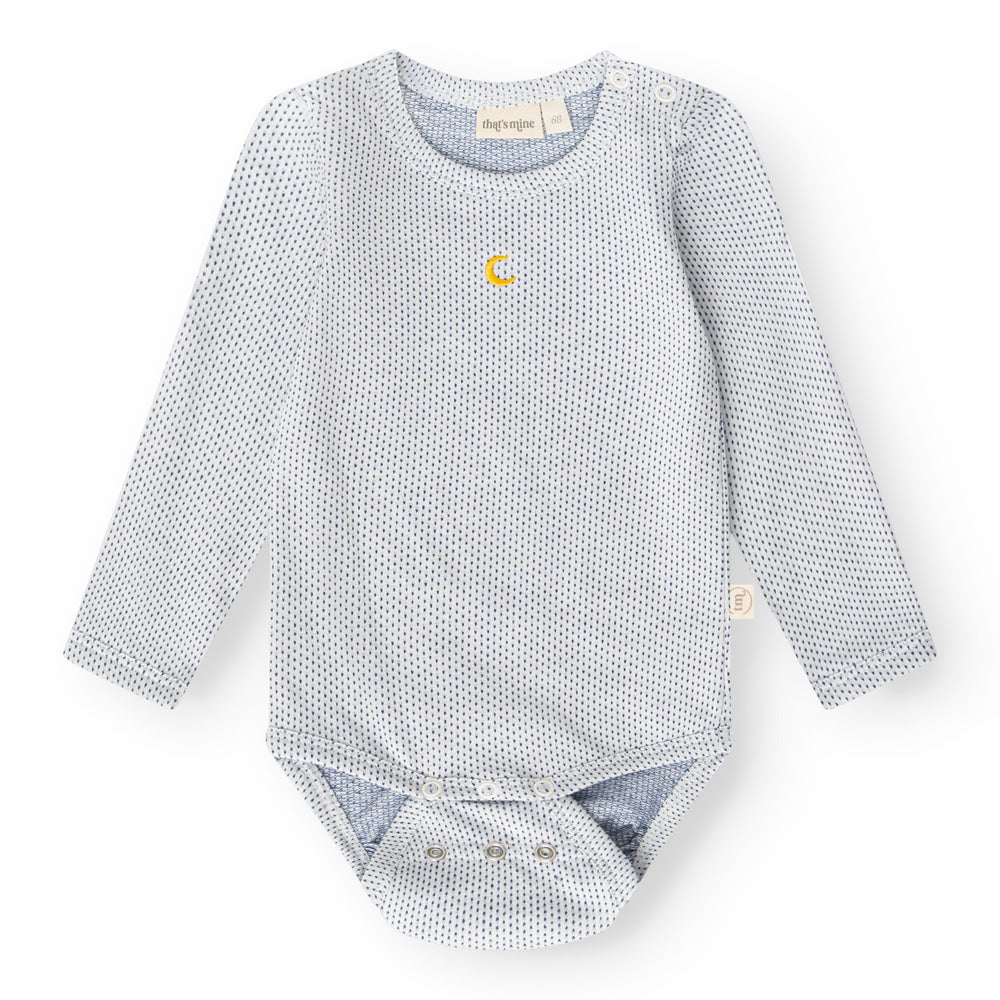 That's Mine Benji bodystocking - Tiny dots navy - 95% Bomuld (Økologisk), 5% Elastan Buy Bodystockings||Undertøj||personale||Baby essentials||Jersey||AW26 here.